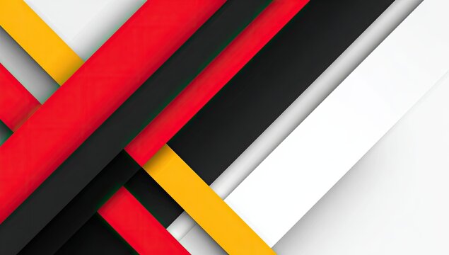 Abstract geometric design with intersecting red, black, yellow, and white stripes on a light gray background; layered effect creates depth