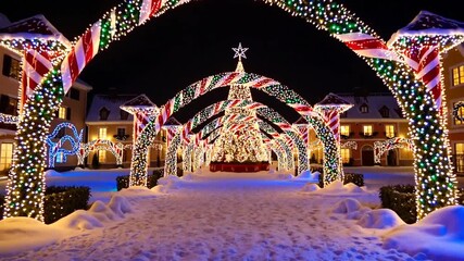 Town square Christmas Lane of confectionery cane arches guiding to brilliantly illuminated town Christmas exhibition - Powered by Adobe