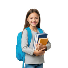 Smiling young girl with a blue backpack and books isolated on transparent background