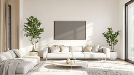 Modern Living Room with TV Blank Screen White Sofa and Natural Light