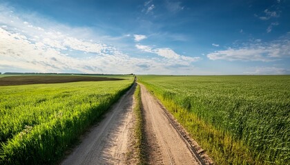 Obraz premium dirt road in a field green field of agriculture shoots a road country field of wheat near road a gravel lifestyle path through a meadow