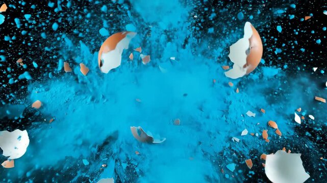 Egg Shell Explosion with Blue Powder - A high-speed shot of an eggshell bursting open, releasing a vibrant cloud of blue powder against a black background.