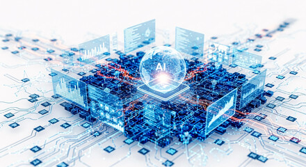Ai globe on a circuit board with digital data displays and connections in blue and orange hues
