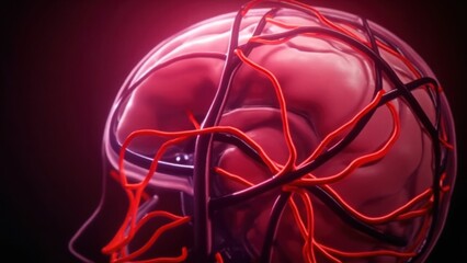 A transparent human head with a visible brain and a network of glowing red veins and arteries. Сoncept of human anatomy and health