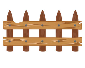 Garden rustic wood cartoon fence detailed isolated on white background.