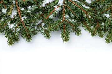 Snow-dusted evergreen boughs arranged horizontally against a stark white background, leaving ample space below