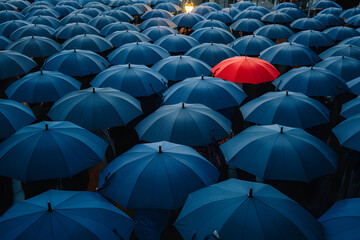 Overhead shot of a crowd with blue umbrellas, except for one vibrant red umbrella standing out