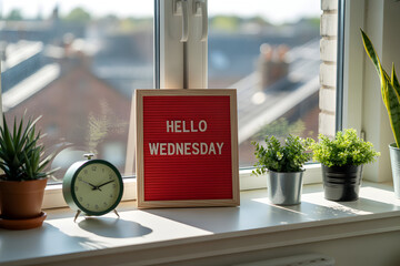 Hello Wednesday on letter board Window plants, clock, clean staging Designed for social media or inspirational blog posts