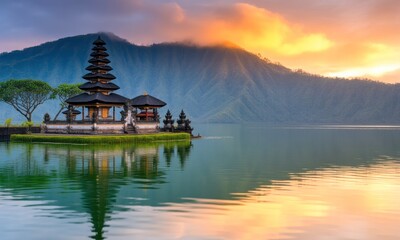 Naklejka premium Sunrise over a tranquil temple island in a volcanic lake