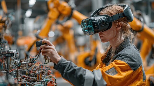 Woman worker wearing virtual reality headset repairing machine in factory setting with robotic arms
