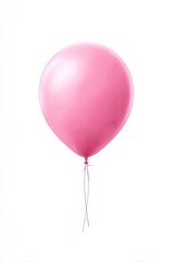A single, pale pink balloon floats against a stark white background; its smooth surface subtly reflects light, and two thin ribbons dangle below