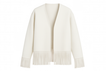 Stylish white cardigan sweater with fringes, isolated on transparent background, perfect for fashion and apparel projects