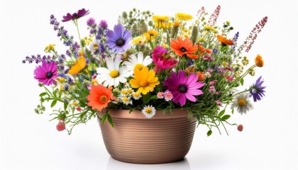 flower pot filled with colorful wildflowers white isolated background