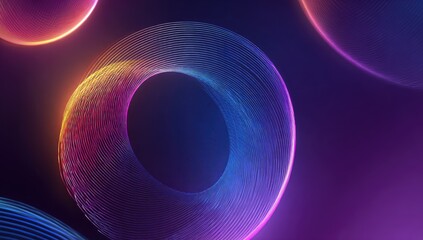 Abstract digital art of vibrant, glowing, multicolored rings and orbs on a dark background; layered, translucent, and dynamic
