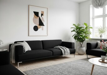 Modern Minimalist Living Room Interior with Black Sofa, Abstract Geometric Wall Art, Fiddle Leaf Fig Plant, and Bright Natural Light