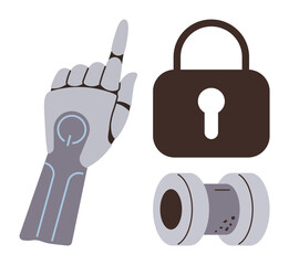 Robotic hand pointing upward, large secure lock, and a cylindrical sensor. Ideal for security, technology, automation, innovation, privacy artificial intelligence and cybersecurity. Simple flat