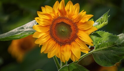 Obraz premium a stunning close up of a bright sunflower with vibrant yellow petals surrounded by lush green leaves capturing the essence of summer beauty in nature