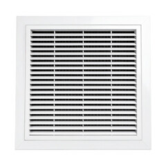 Close-up of a modern white square air vent with horizontal slats for ventilation and air circulation in home or office environments