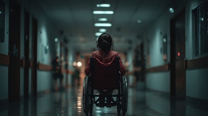 Young woman in wheelchair navigates gloomy hospital hallway during nighttime, from behind perspective