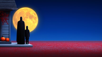 Obraz premium Two figures in dark cloaks stand on a porch with pumpkins a bright moon illuminating a red landscape under a blue sky