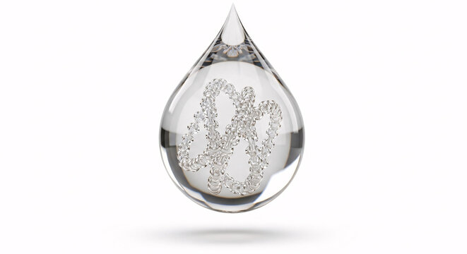 Clear drop with a complex molecule inside on a white background in a studio shot illustration