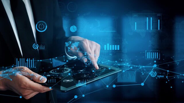 A business professional interacts with a tablet showcasing various digital data visualizations, emphasizing the importance of data analysis and decision-making in today corporate landscape. Xenic - Powered by Adobe
