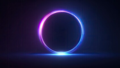 Glowing neon circle, pink and blue hues, dark background, creates a futuristic, ethereal portal-like effect with subtle light reflection on the ground