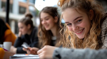 Obraz premium A group of young women smiling and working on a project together casually