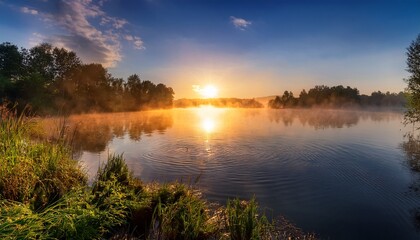 Fototapeta premium sunrise over a serene lake with mist rising and gentle ripples in the water generative ai