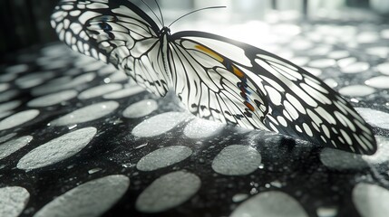 Closeup of Elegant Black White Butterfly on Wet Surface