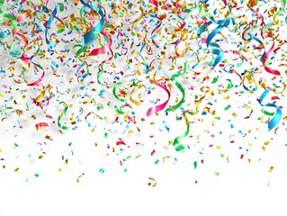 Colorful confetti and streamers falling on white background