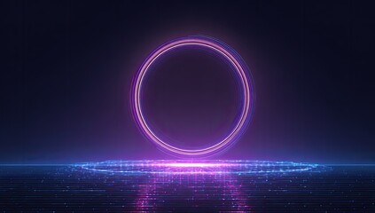 Glowing neon pink/purple ring, double-lined, floats above a dark, reflective, digital surface with subtle light trails