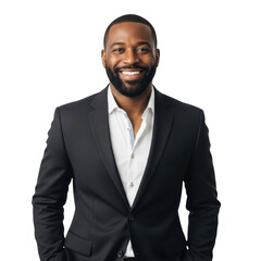 Professional african american man in a dark suit and open collar shirt smiling confidently isolated on transparent background