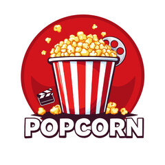 Popcorn bucket with film reel and clapperboard in a cartoon style on a red background