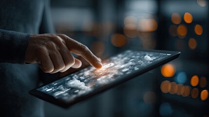 Man uses modern touch screen tablet at night with cityscape background to interact with digital interface
