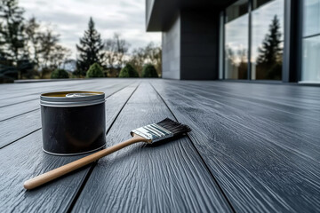 metal can of paint and brush on the wooden terrace