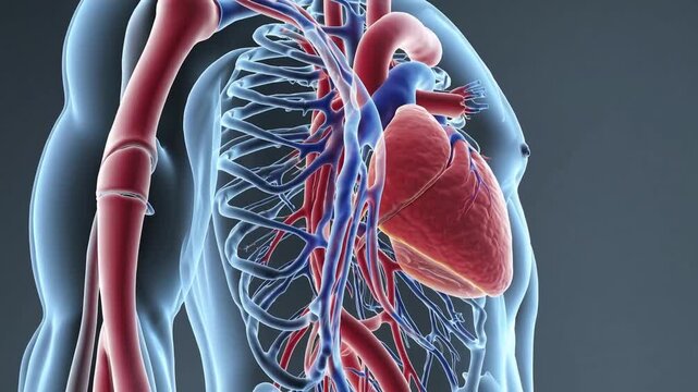 three-dimensional representation of the internal anatomical structures and viscera of the human body, focusing on the vascular network