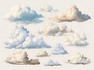A collection of simple vintage painted clouds separated on a white background.
