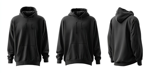 Three views of a plain black hooded sweatshirt; front, front angled, and back