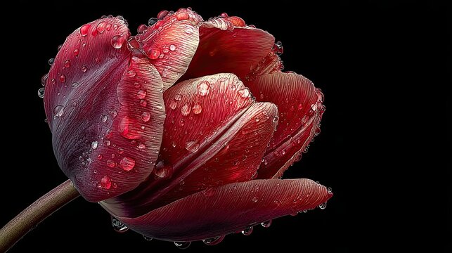 Close-up of vibrant red tulip flower bud with water droplets on petals against black background