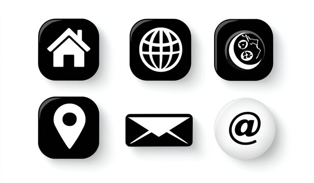 Six glossy, black-and-white contact icons on white home, globe, moon, location pin, email, at symbol