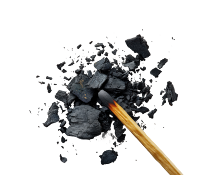 Charcoal ash and stick creation clean perspective isolated on transparent background, png