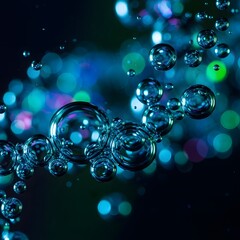 Naklejka premium Macro shot of glowing blue and green bubbles with bokeh lights, dark abstract background