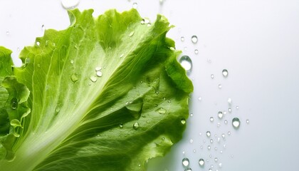 fresh lettuce leaf with dew kissed water droplets glistening on its surface against a clean white background