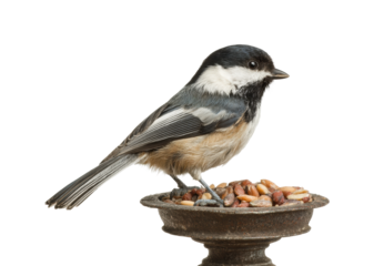 Charming chickadee bird feeding on seeds garden wildlife natural isolated on transparent background, png