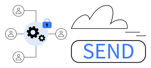 Cloud-connected network with gears symbolizing processes, users, and a padlock for security. Send button and cloud suggest data sharing. Ideal for technology, cloud computing, security, teamwork