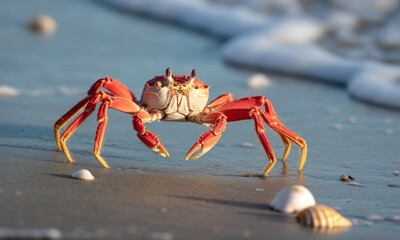 Fototapeta premium Vibrant orange crab on sandy beach, waves in the background