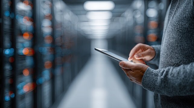 Man uses modern touch screen tablet at night with cityscape background to interact with digital interface