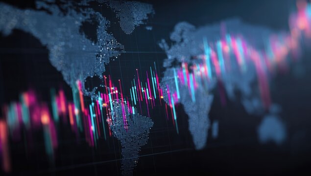 Global financial data overlaid on a world map.  Colorful bar charts track trends across continents