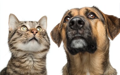 Obraz premium A tabby cat and a medium-haired brown dog look upward against a white backdrop, heads slightly tilted
